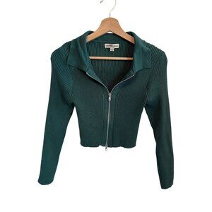 Charmed Hearts Green Ribbed Zip-Up Crop Sweater Jacket Women's Size L